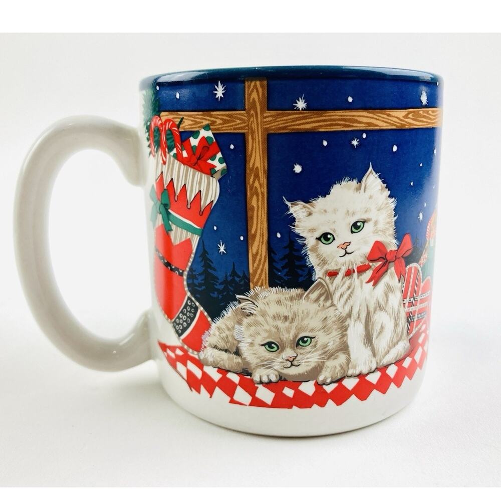 Vintage Potpourri Press White Cat Mug Christmas 1990 Long Haired Signed Snow Tre